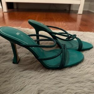 Zara Rhinestone Strappy Mules Emerald Green